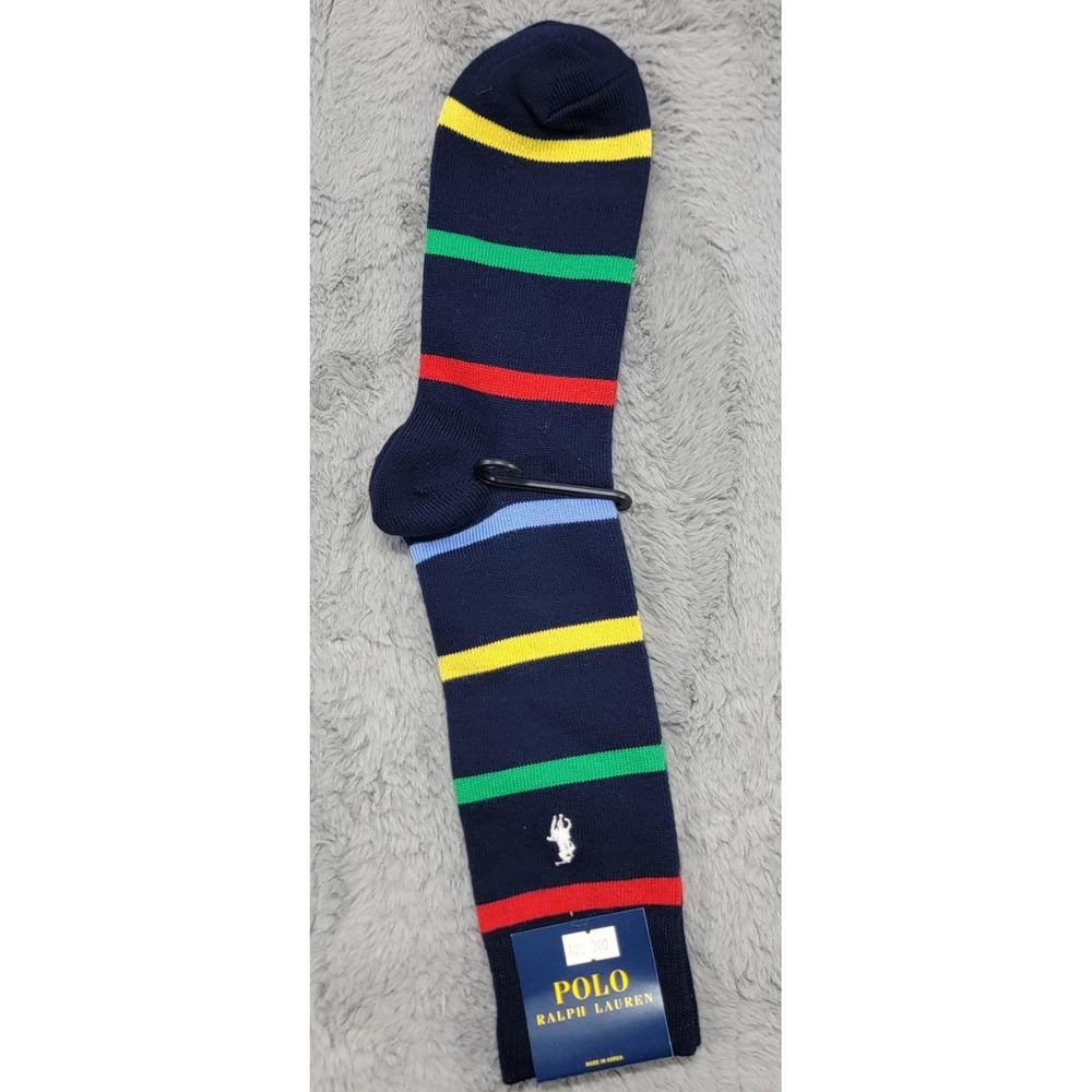 Polo Ralph Lauren Socks Mens 10-13 Navy Rugby Stripe Pony Mid Calf Cotton